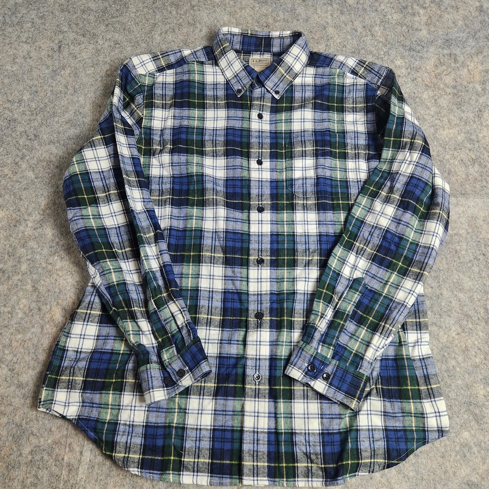 LL Bean Flannel Shirt Men L Reg Blue Green Scotch Plaid Traditional Fit Gorpcore